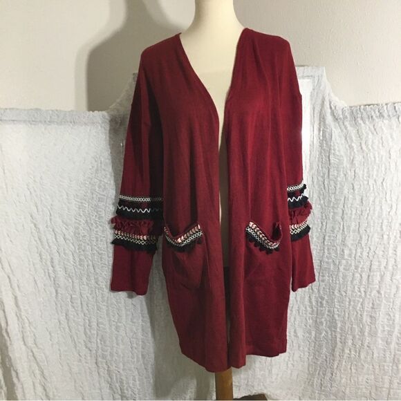 Hipster Row Burgandy Pom Pom Fringe  Cardigan Size XL - Picture 3 of 6